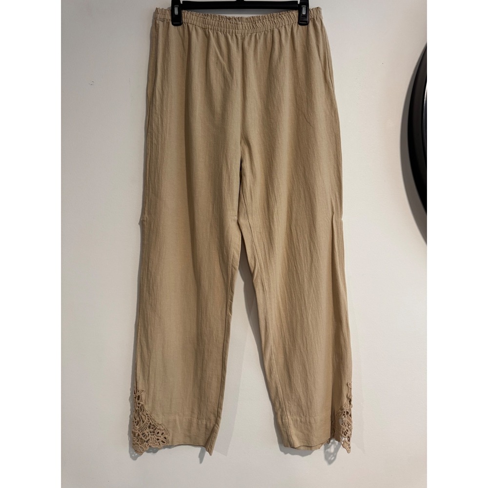 Soft Surroundings Crochet Lace Hem Pants Women TL L Beige Elastic Waist